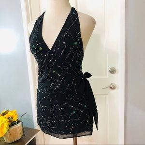BCBG Maxazria Silk Black Beaded Halter Dress